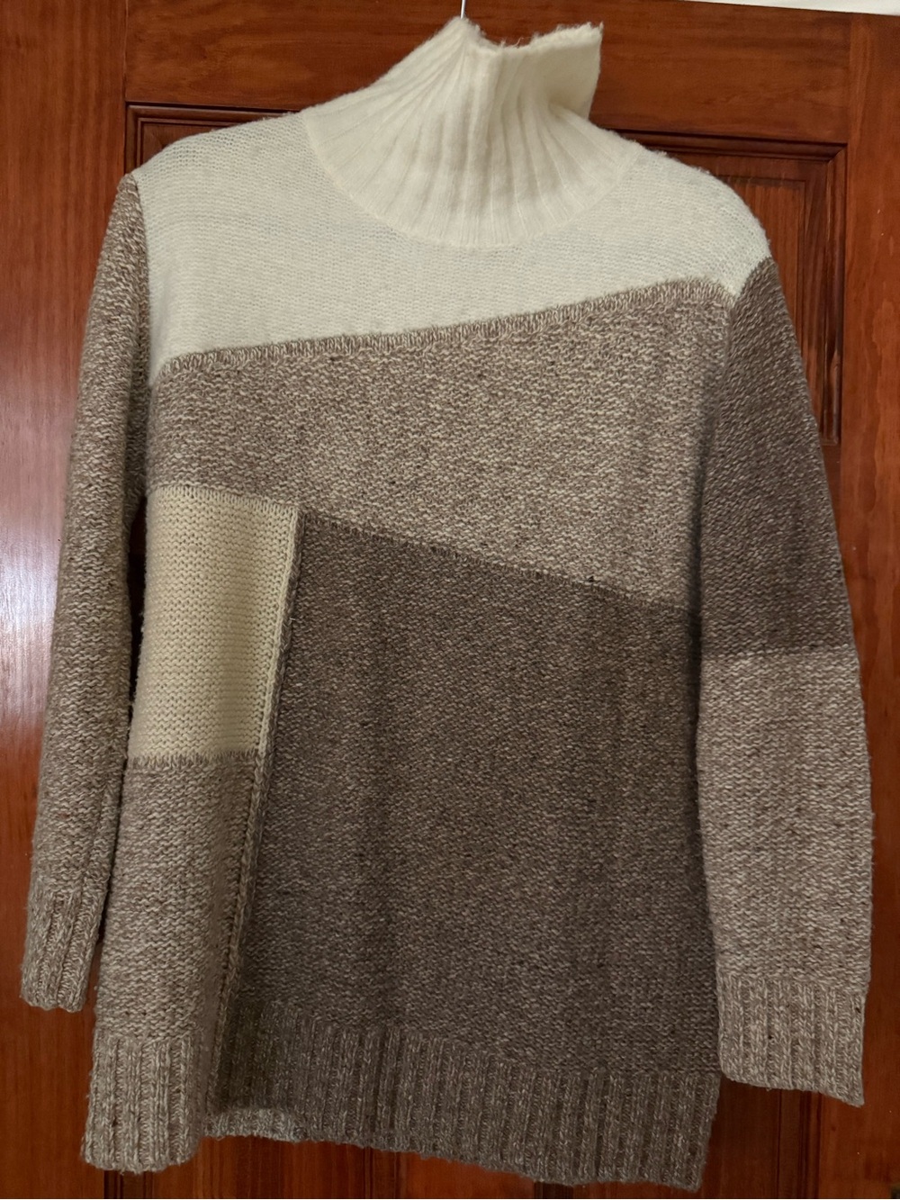 French Connection Cream and Brown Colorblock Turtleneck Sweater